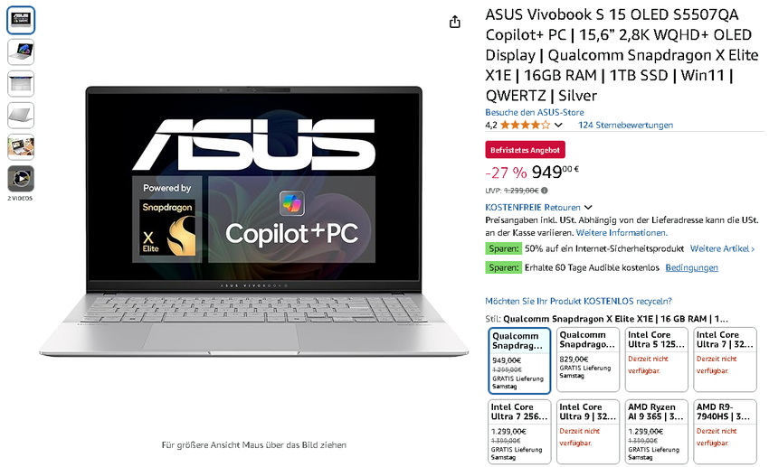Screenshot der Vivobook S 15. Quelle: Amazon