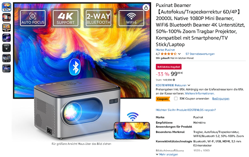 Screenshot des Puxinat Beamers von Amazon