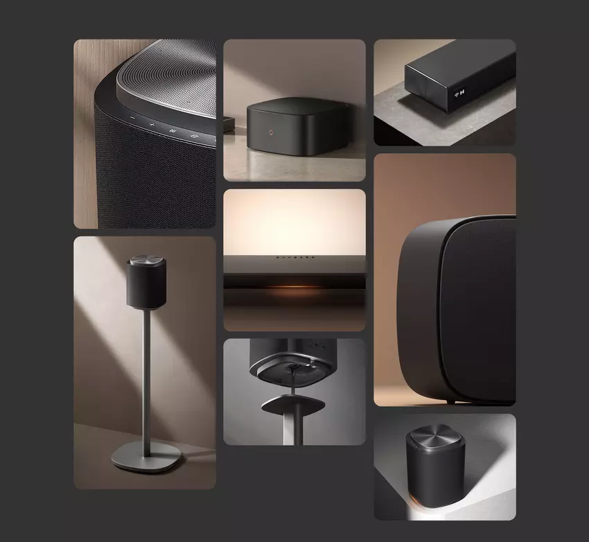Collage mit Renderings des modularen Heim-Audiosystems LG Sound Suite.
