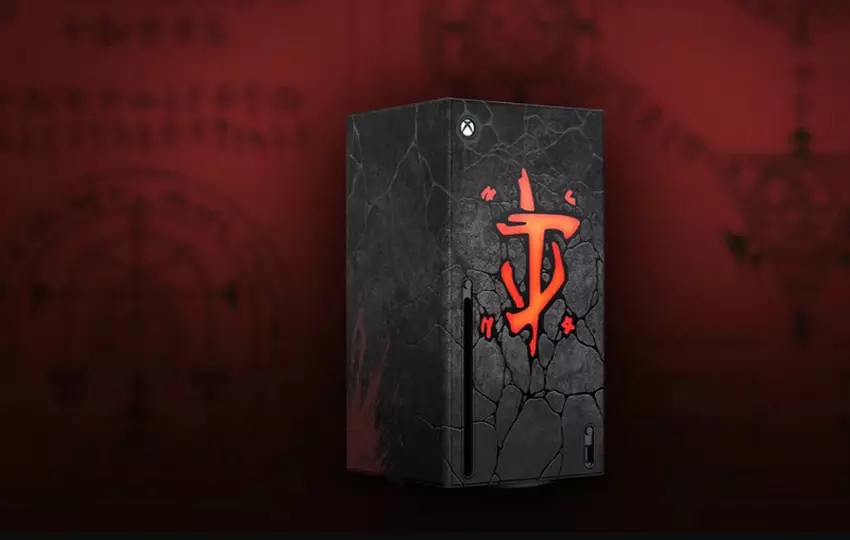 Ein Panel für Xbox Series X im Stil von DOOM: The Dark Ages