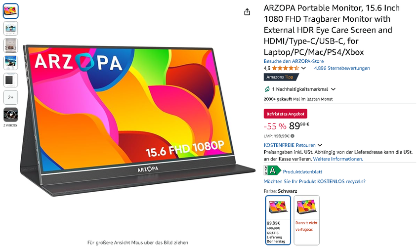 Screenshot der ARZOPA Portable Monitor