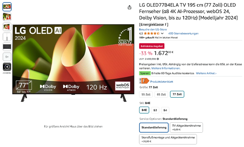 Screenshot der LG OLED77B4ELA