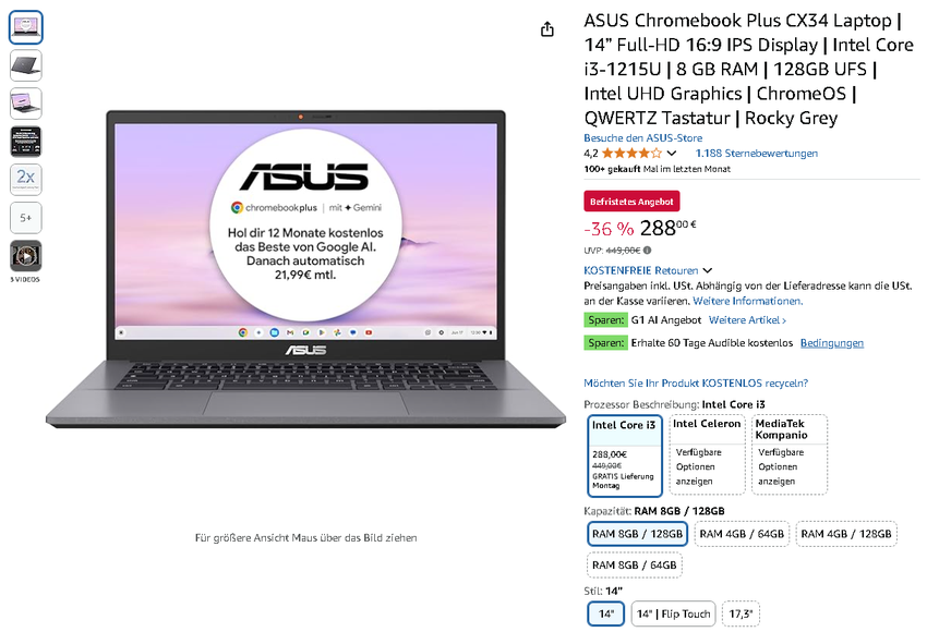 Screenshot der ASUS Chromebook Plus CX34