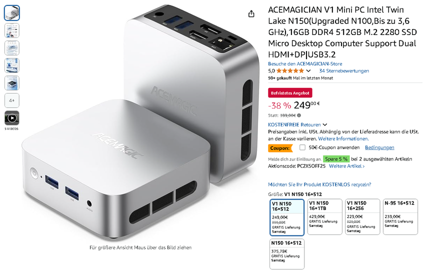 Screenshot des ACEMAGICIAN V1 Mini PC auf Amazon
