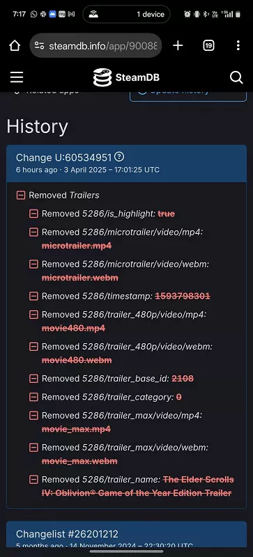 Screenshot der SteamDB-Seite des Spiels