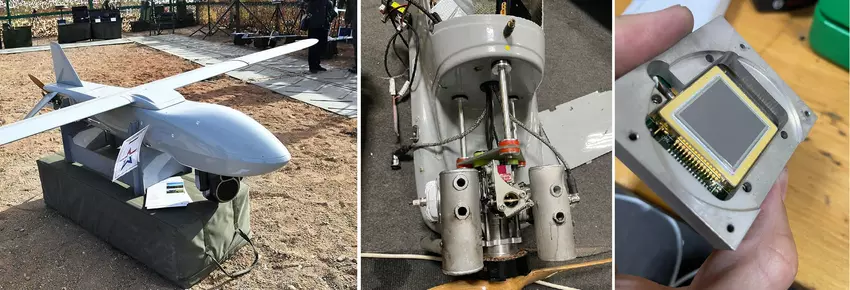 In der experimentellen russischen Drohne „Merlin-VR“ fand man einen Plastikkanister mit einem Griff und einer französischen Wärmebildkamera