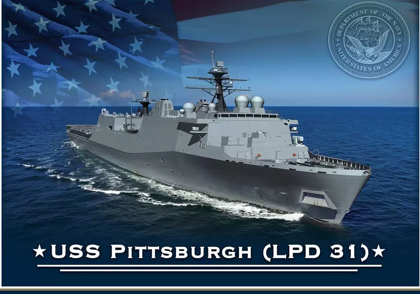 Baubeginn des amphibischen Angriffsschiffs USS Pittsburg (LPD 31) mit RIM-116 Rolling Airframe Missile System in den USA