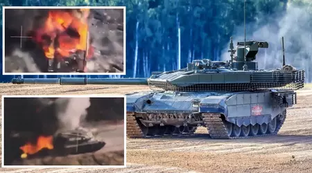 Eine ukrainische FPV-Drohne hat mit einem Präzisionstreffer den Turm eines modernisierten russischen Panzers T-90 "Breakthrough" vollständig zerstört.