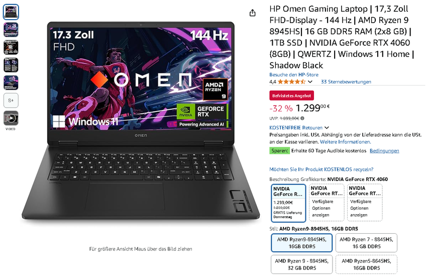 Screenshot des HP Omen Gaming Laptops auf Amazon