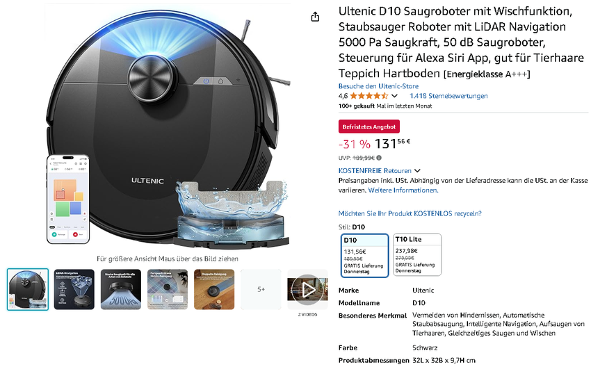 Screenshot der Ultenic D10