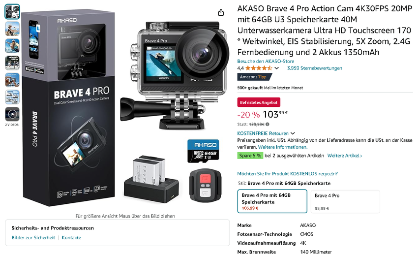 Screenshot der AKASO Brave 4 Pro