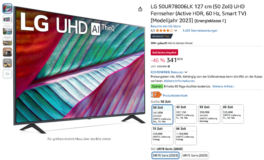 Screenshot der LG 50UR78006LK Smart TV