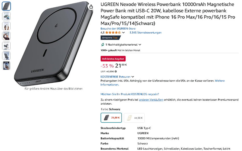 Screenshot der UGREEN Nexode Powerbank