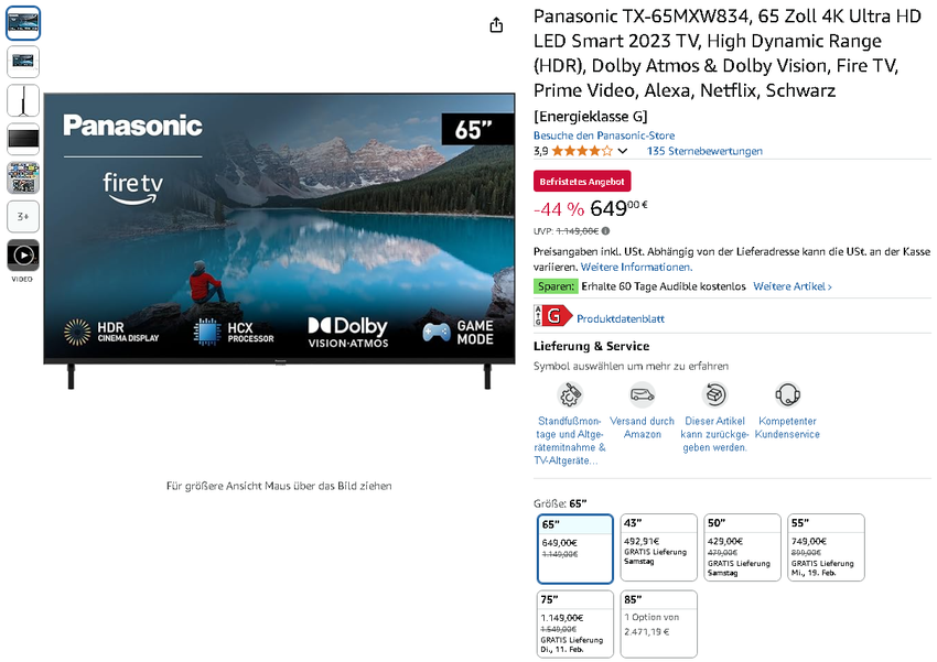 Screenshot der Panasonic TX-65MXW834 bei Amazon