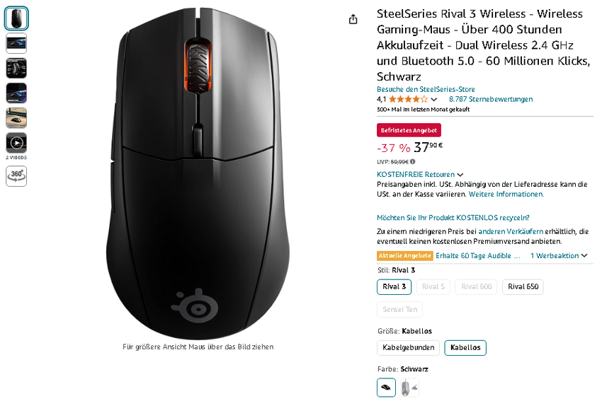 Screenshot der SteelSeries Rival 3 Gaming-Maus