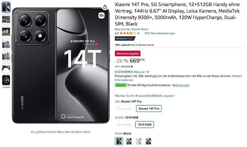 Screenshot der Xiaomi 14T Pro. Quelle: Amazon