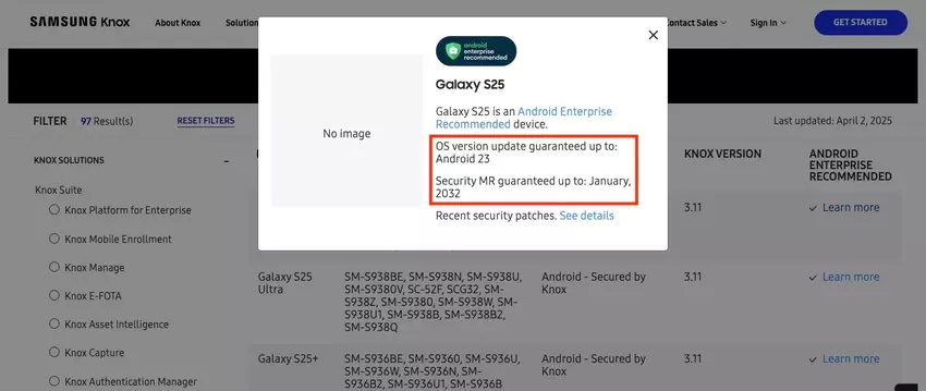 Unterstützung für Galaxy S25 Enterprise Edition, Galaxy S25+ Enterprise Edition und Galaxy S25 Ultra Enterprise Edition