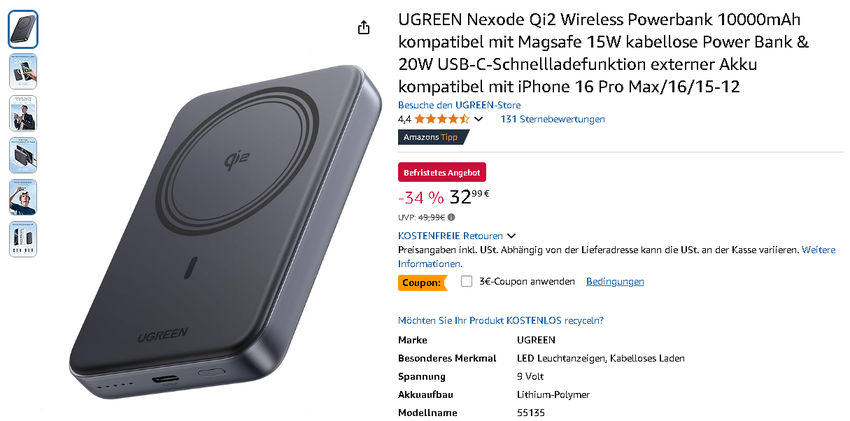 Screenshot der UGREEN Nexode Qi2 Powerbank
