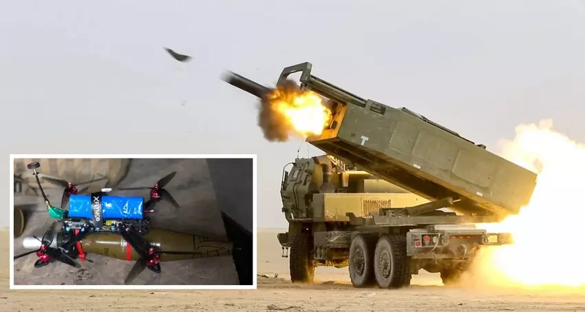 Ukrainische FPV-Drohne Pegas und HIMARS zerstörten ein Paar russische Panzerhaubitzen vom Typ 2S5 Giatsint-S