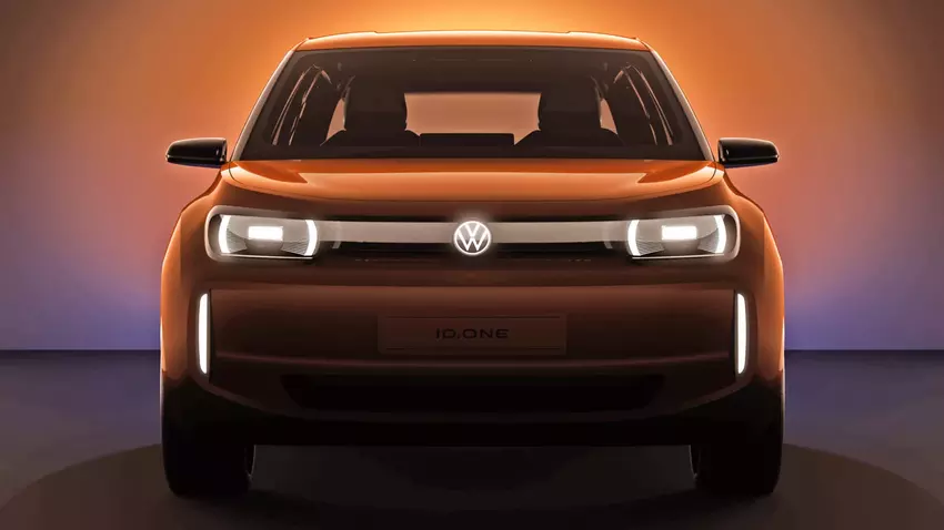 Erster Teaser des neuen Elektroautos von Volkswagen mit dem Schriftzug "ID.One" anstelle des Nummernschilds.