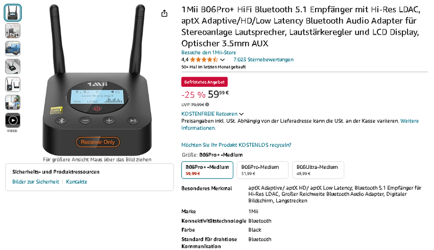 Screenshot der 1Mii B06Pro+ Bluetooth Audio Adapter