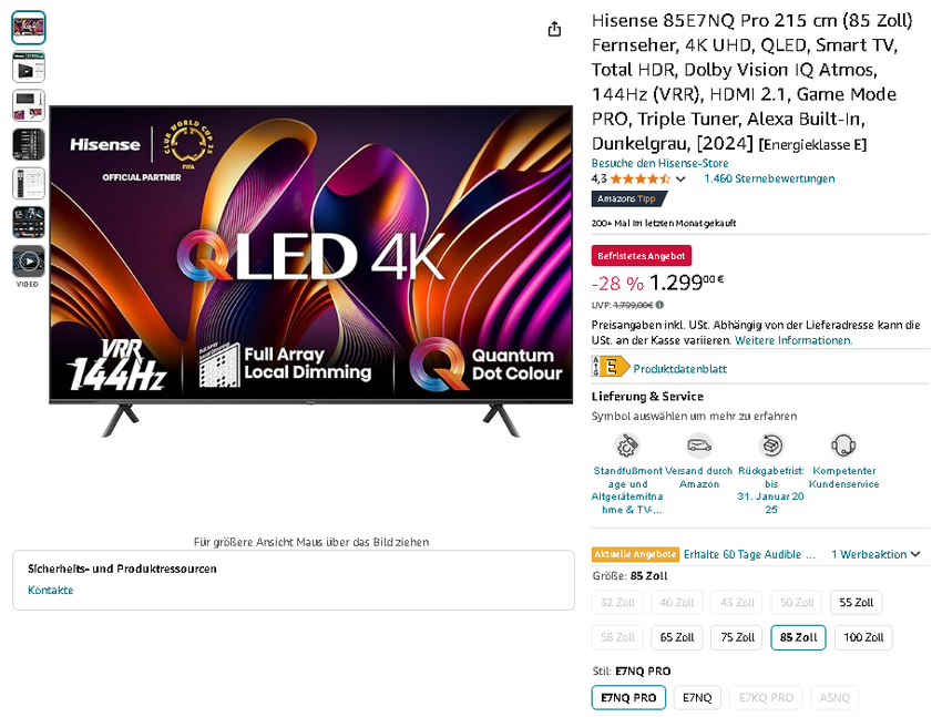 Hisense 85E7NQ Pro Fernseher