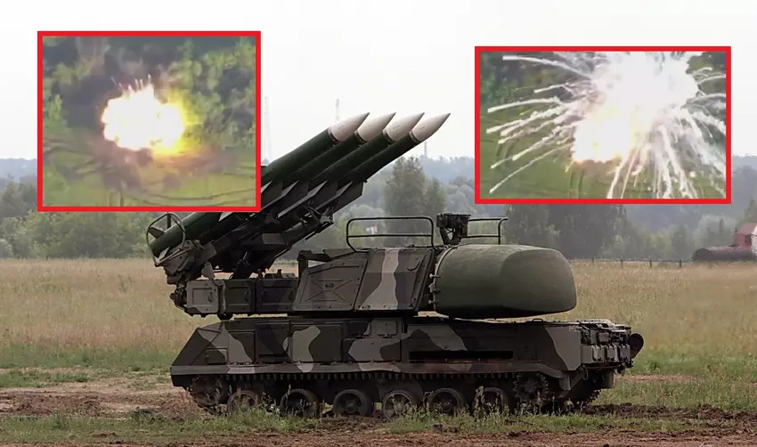 Ukrainische Streitkräfte zeigen Aufnahmen der spektakulären Zerstörung des russischen Boden-Luft-Raketensystems Buk M1-2