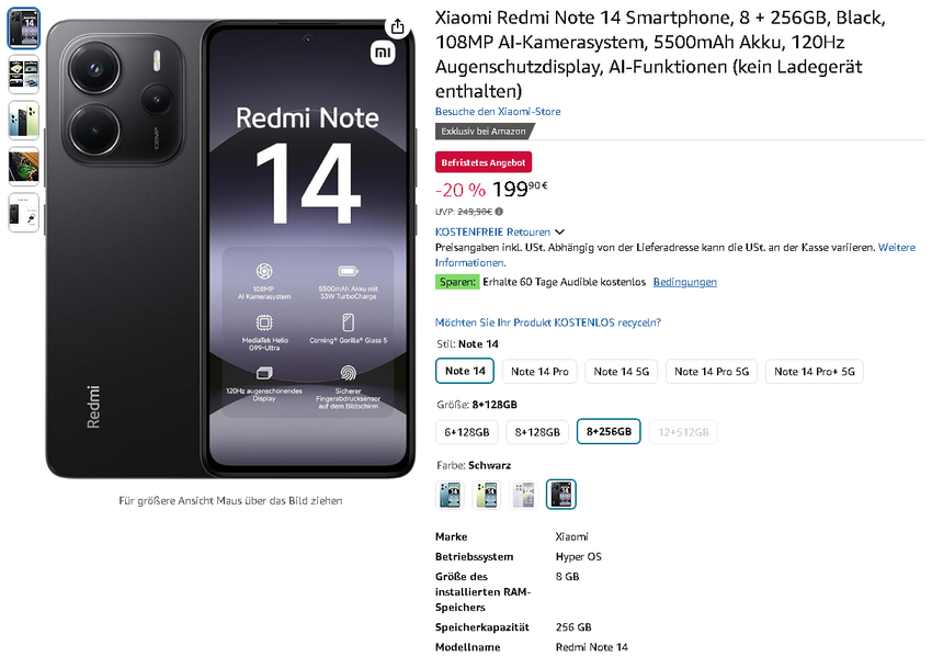 Screenshot der Redmi Note 14 auf Amazon