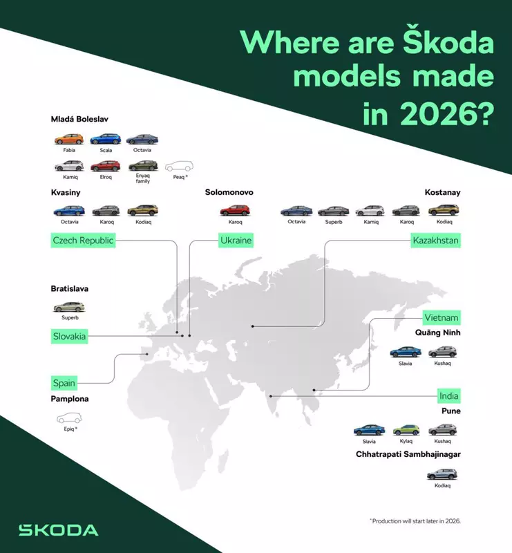 Karte der Skoda-Autoproduktion im Jahr 2025