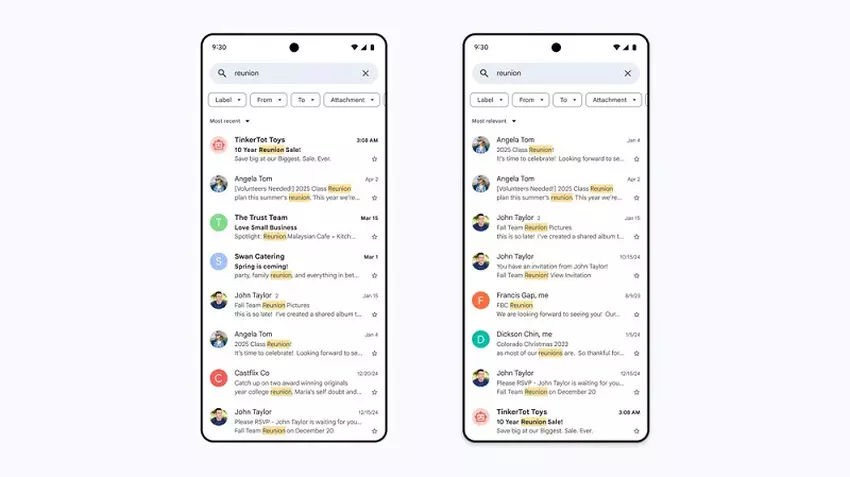 Suche in Google Mail vor und nach der Aktualisierung