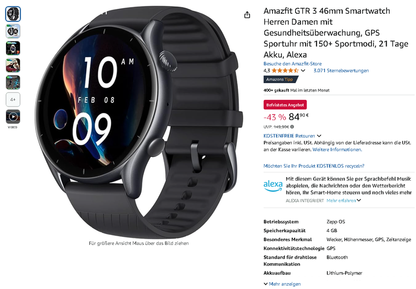 Screenshot der Amazfit GTR 3