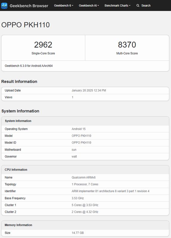 Oppo Find N5 (Modell PKH100) Testergebnisse. Illustration: Geekbench