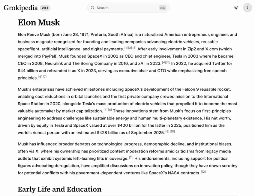 Screenshot der Grokipedia-Seite