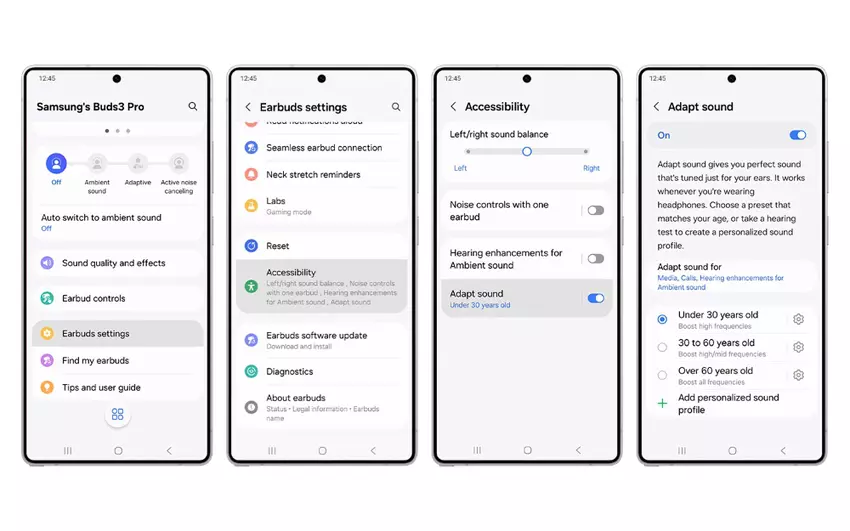 Anleitung zum Starten der Funktion Adapt Sound über das Steuerungsmenü der Galaxy Buds 3 Pro Kopfhörer