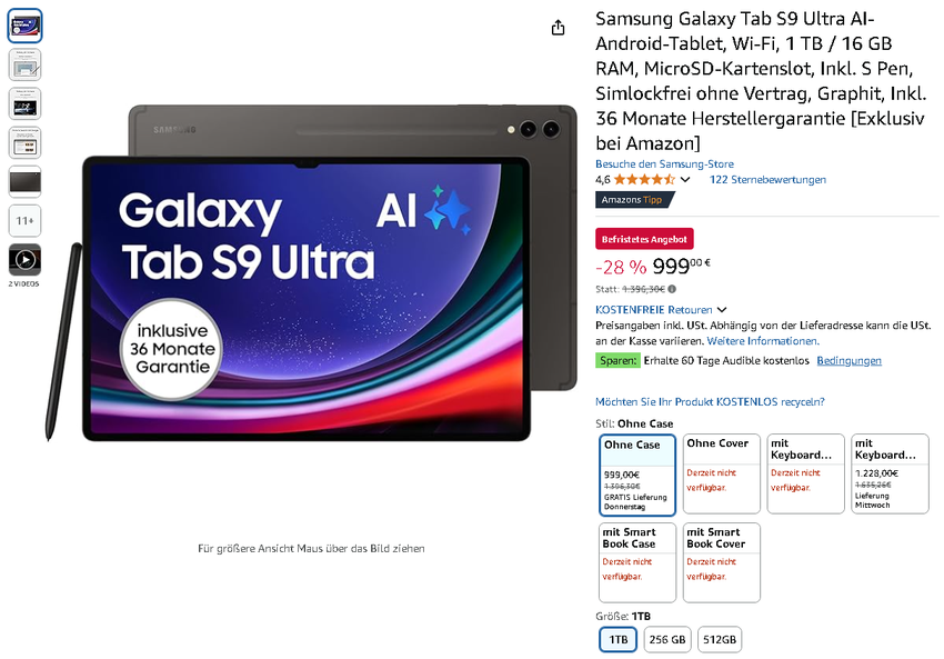 Screenshot der Galaxy Tab S9 Ultra. Quelle: Amazon