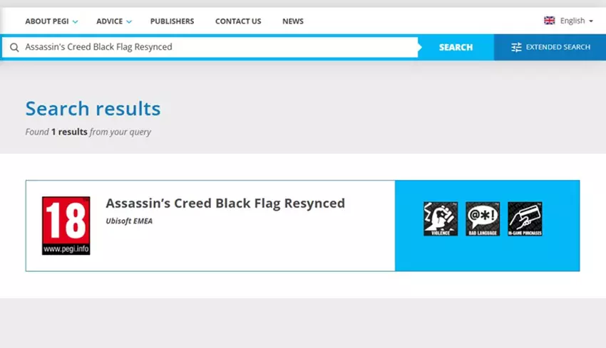 Screenshot von PEGI mit Black Flag Resynced Neuverfilmungsbewertung
