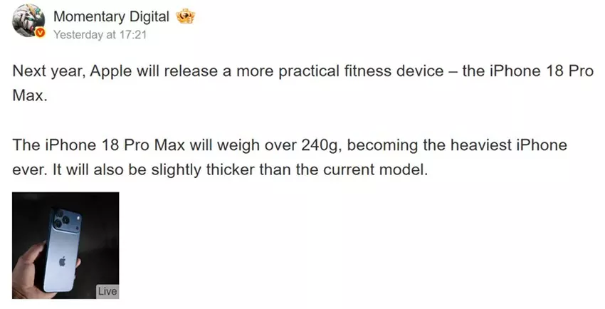 Automatische Übersetzung der Nachricht von Instant Digital auf Weibo über die Abmessungen des iPhone 18 Pro Max