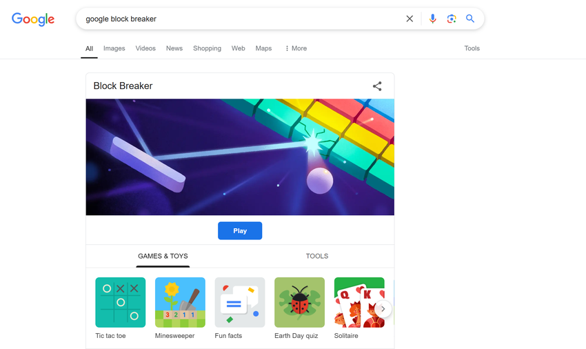 "Breakout" in der Suche:  Google hat ein neues Spiel zu seiner Suchmaschine hinzugefügt - "Block Breaker"