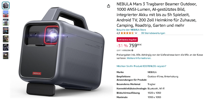 Screenshot des NEBULA Mars 3 Projektors