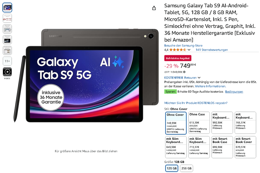 Screenshot des Samsung Galaxy Tab S9 auf Amazon