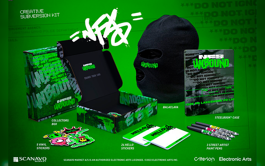 Sturmhaube, Aufkleber und Marker: Ankündigung von Need For Speed: Unbound - Collector's Edition, Preis $150