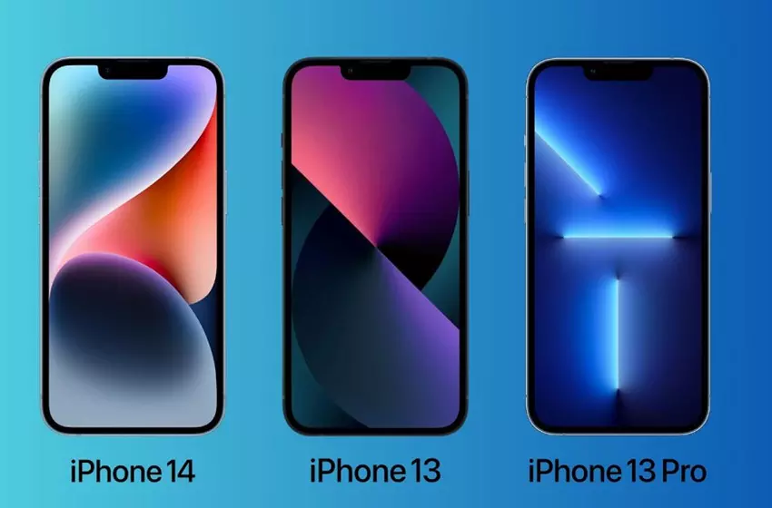 Eine Illustration des iPhone 14, 13 und 13 Pro mit einer Aussparung