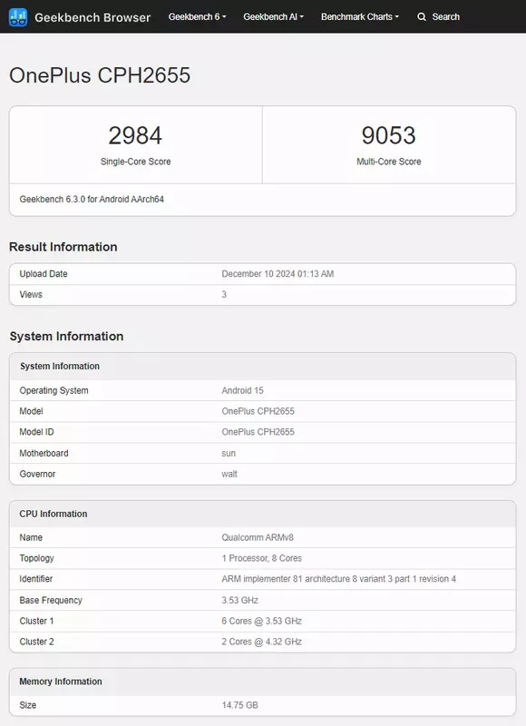 OnePlus 13 Leistungstestergebnisse auf der GeekBench-Plattform