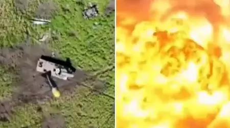 Ein ukrainischer Quadrocopter hat mit einer einzigen Granate spektakulär eine russische UR-77 "Meteorit"-Selbstfahrlafette mit 700 kg Sprengstoff in Stücke gerissen
