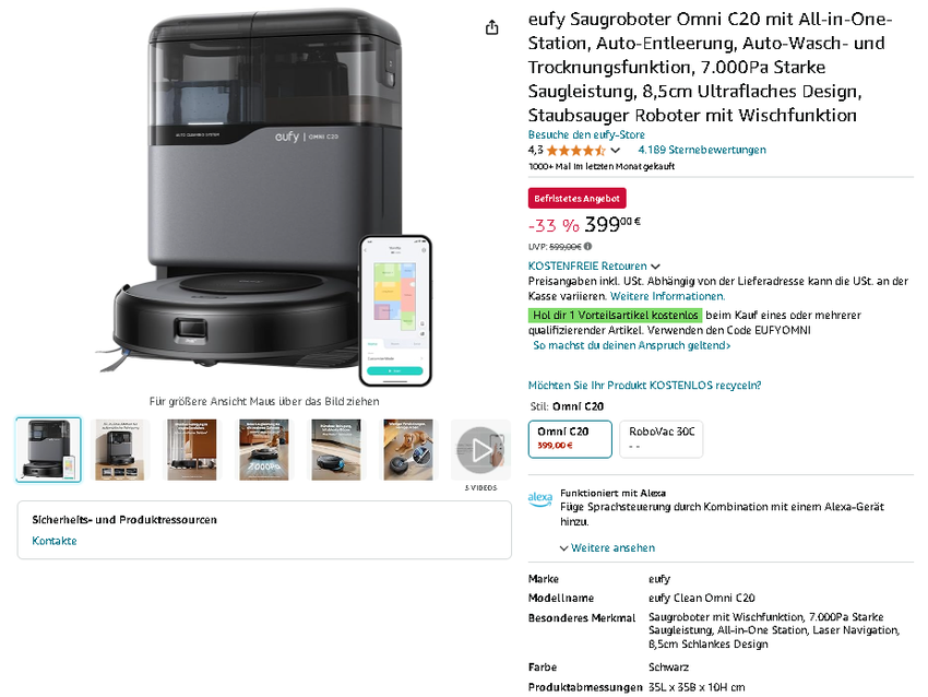 Screenshot der eufy Omni C20. Quelle: Amazon