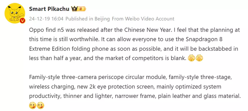 Geschrieben von Smart Pikachu Insider über mögliche Spezifikationen des Oppo Find N5