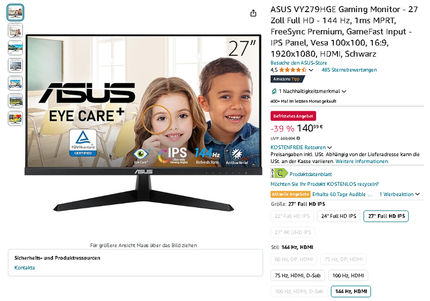 Screenshot der ASUS VY279HGE Gaming Monitor