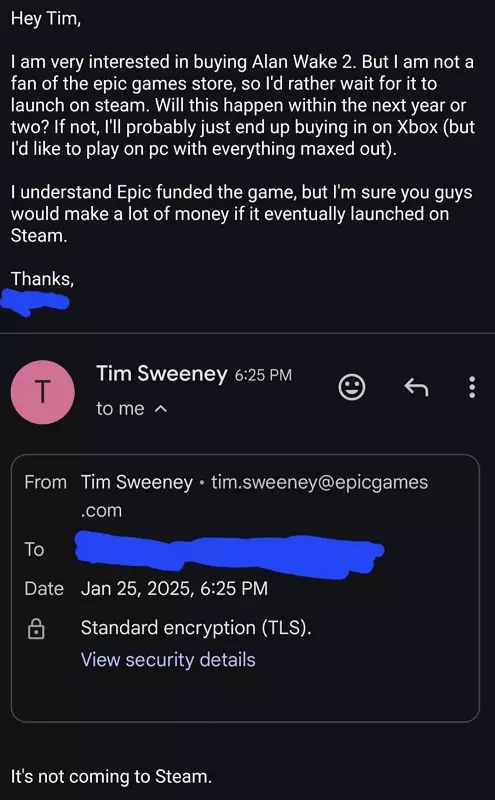 Screenshot der Korrespondenz mit Tim Sweeney