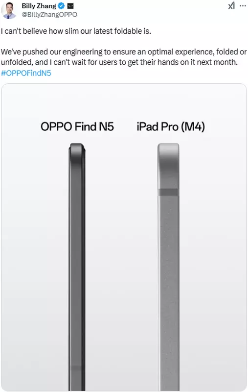 Oppo Find N5 ist dünner als iPad Pro M4