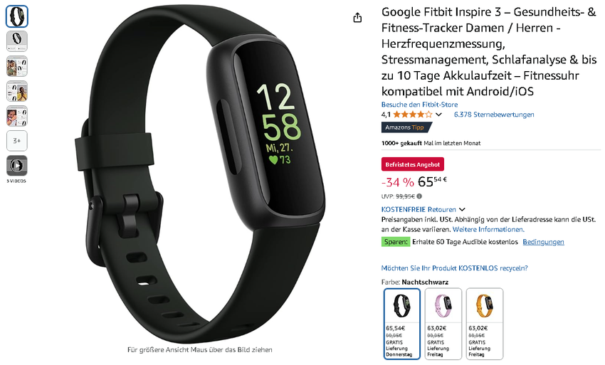 Screenshot der Fitbit Inspire 3. Quelle: Amazon